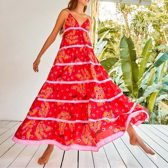 FARM Rio Red Tiki Bananas Tiered Maxi Dress Large NWT - Picture 15 of 15